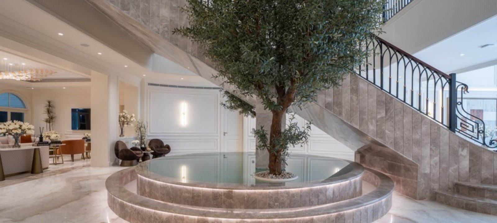 Central water feature with olive tree